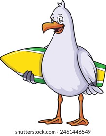 Seagull holding surfboard vector illustration