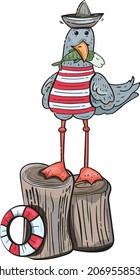 A Seagull Holds a Fish in its Beak. Seabird in a Paper Cap and and Sailor Suit sits on a Pier. Vector Illustration in Cartoon Style