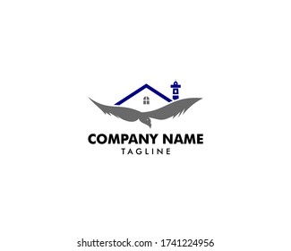 Seagull with Houses and Lighthouse Logo Vector Illustration