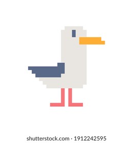 Seagull icon. Pixel art character. Sticker design. Game assets. 8-bit. Isolated abstract vector illustration.