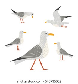 Seagull icon set. Freehand cartoon cute style. Flying bird logo. Seabird marine symbol isolated. Stylized nautical animal emblem. Element for banner background. Vector design of advertisement label
