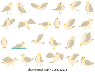 Los iconos de gaviota establecen el vector de dibujos animados. Animal marino. Gaviota de vuelo