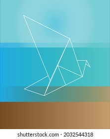 Seagull. Illustration of origami style seagull. In combination with three elements that represent the sea, the sky, the coast. Vector solution.