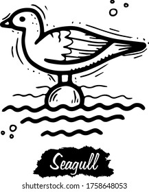 Seagull isolated on white background. Vintage black vector engraving illustration. Hand drawn in a graphic style.