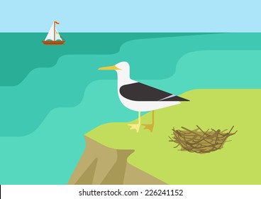 Seagull near gull nest on the sea ocean beach flat design cartoon vector wild animals birds. Flat zoo nature children collection.