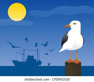 Seagull Night Sky Birds Flying and Fishing Boat Silhouette