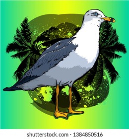 Seagull on the background of palm trees.  Can be used for printing on T-shirts, flyers, etc.Vector illustration