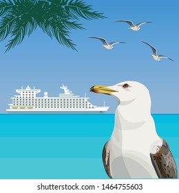 Seagull on the background of the sea landscape. Palm tree, sea, ship. Summer vacation time. Vector banner in realistic style.