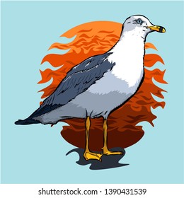 Seagull on the background of sun.  Can be used for printing on T-shirts, flyers, etc.Vector illustration.