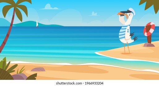 Seagull on beach. Bird sailor on seaside standing flying near sand coast ocean landscape blue water and sky exact vector cartoon background