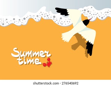 seagull on the beach, surf and crab