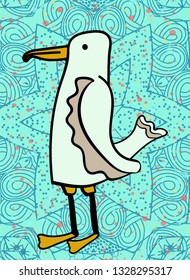 Seagull on a blue background with a star. Cartoon illustration