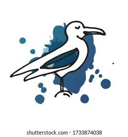 Seagull on blue watercolor background