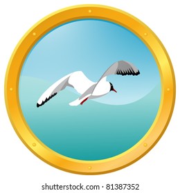 Seagull on a blue wavy background, surrounded by a porthole