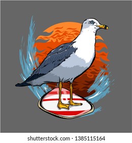 Seagull on the board, on the background of sun.  Can be used for printing on T-shirts, flyers, etc.Vector illustration.