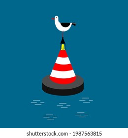 seagull on buoy in sea. Sea bird at lighthouse. Flat design