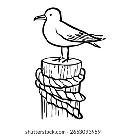 Seagull on a log Hand drawn line art sketch doodle fisherman aesthetic coastal nautical illustration 