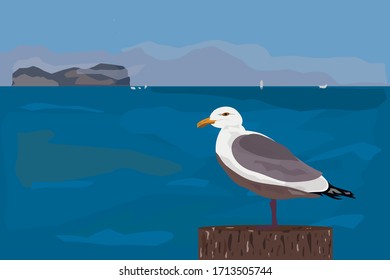 gaviota sobre un pilar en el fondo del mar