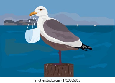 a seagull on a pillar holds a protective medical mask in its beak