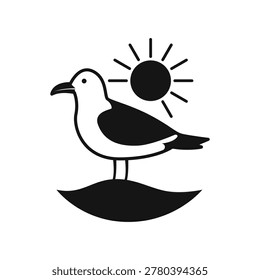 Seagull on Sand with Sun Illustration Design Template