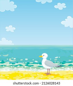 Gaviota en una playa de arena de una isla tropical en un mar del sur en un hermoso día de verano, ilustración vectorial de dibujos animados