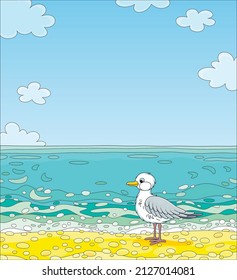 Seagull on a sandy beach of a tropical island in a southern sea on a beautiful summer day, vector cartoon illustration