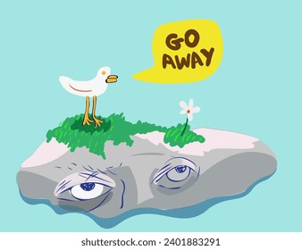 seagull on a stone in the form of a head. sea scene in flat style in vector. wreckage of civilization.illustration for packaging design, postcard, sticker, background