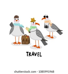 Seagull on vacation. Travel doodle. Bird character. Cute cartoon.