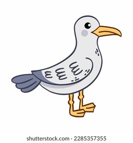 Gaviota de fondo blanco. Cuta ilustración para el libro infantil. Dibujo al estilo de la caricatura.