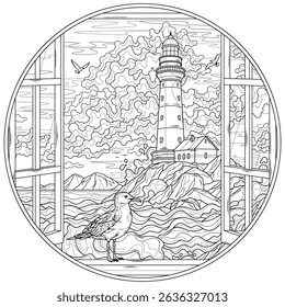 Seagull on the windowsill in a round frame .View from the window to the lighthouse in the sea.Coloring book antistress for children and adults. Illustration isolated on white background. Hand draw