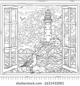 Seagull on the windowsill.View from the window to the lighthouse in the sea.Coloring book antistress for children and adults. Illustration isolated on white background. Hand draw