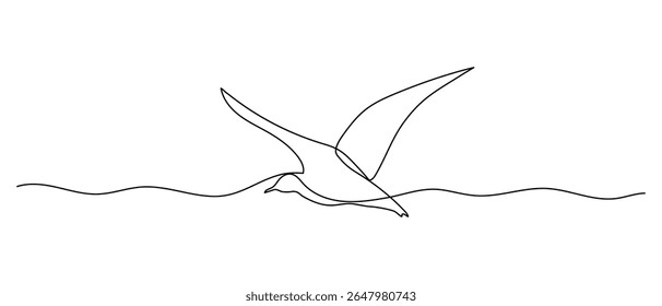 Seagull one line illustration, hand drawn bird in doodle style. Vector continuous outline sketch.