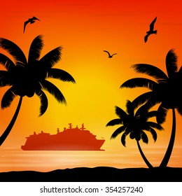 seagull orange seaside sunrise Palm Beach and ship cruise liner