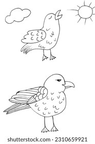 Seagull outline illustration image. 
Hand drawn image artwork of seagull. 
Simple cute original logo.
Hand drawn vector illustration for posters, cards, t-shirts.