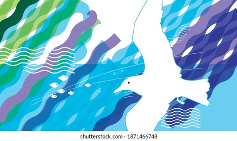 Seagull over the sea surface, creative design. Vector