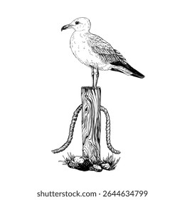 A seagull perched atop a weathered wooden post wrapped with a rope, grounded on grass and rocks. Detailed black and white hand drawn vector illustration. Graphic sketch isolated on white.
