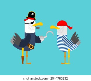 El pirata de gaviota aislado. Gull con ropa pirata. ilustración vectorial para el Día Internacional del Hablo como un Pirata