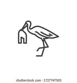 Seagull with plastic bag line icon. linear style sign for mobile concept and web design. Bird with plastic waste outline vector icon. Environmental pollution symbol, logo illustration. Vector graphics
