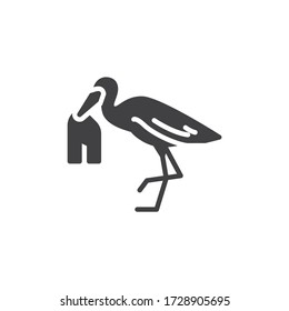 Gaviota con icono vector de bolsa de plástico. signo plano relleno para concepto móvil y diseño web. Ave con un icono de glifo de desechos plásticos. Símbolo de contaminación ambiental, ilustración del logo. Gráficos vectoriales