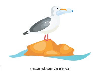 Seagull with plastic bottle in beak flat concept icon. Plastic pollution in ocean problem. Bird eating disposable container sticker, clipart. Isolated cartoon illustration on white background