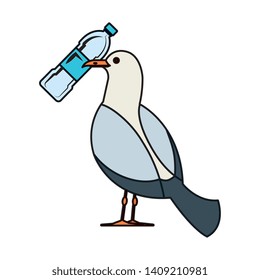 seagull with plastic bottle vector illustration
