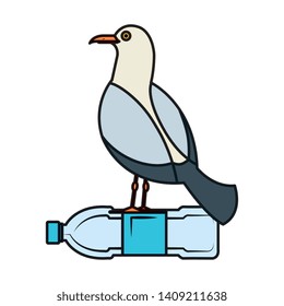 seagull with plastic bottle vector illustration