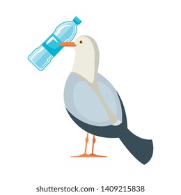 seagull with plastic bottle vector illustration