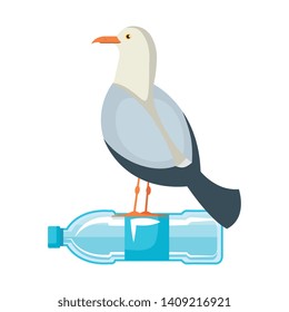 seagull with plastic bottle vector illustration