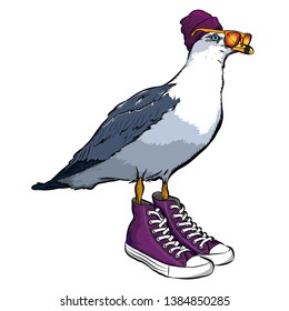 
Seagull in a purple knitted cap and sneakers. Can be used for printing on T-shirts, flyers, etc.Vector illustration.