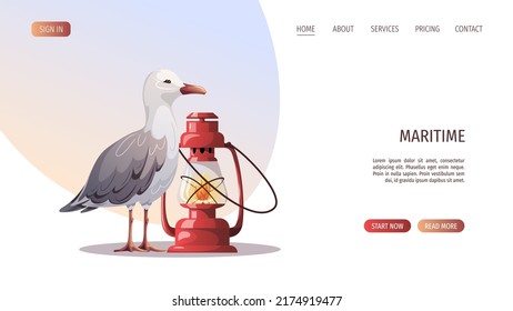 Seagull and red kerosene lamp. Maritime, sea coast, marine life, nautical concept. Vector illustration. Website, banner template.