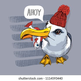 Seagull in a red knitted cap and with a fish. Lettering quote - ahoy. Vector illustration.