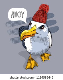 Seagull in a red knitted cap. Lettering quote - ahoy. Vector illustration.