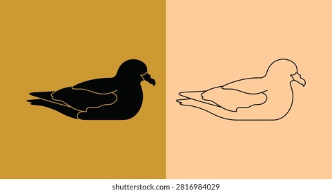 Seagull resting silhouette and line drawing illustration with silhouette