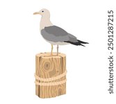 A seagull rests on a pole sideways and watches the sea. A seagull at the pier sits on a wooden pole with a rope.  Illustrated vector clipart.
